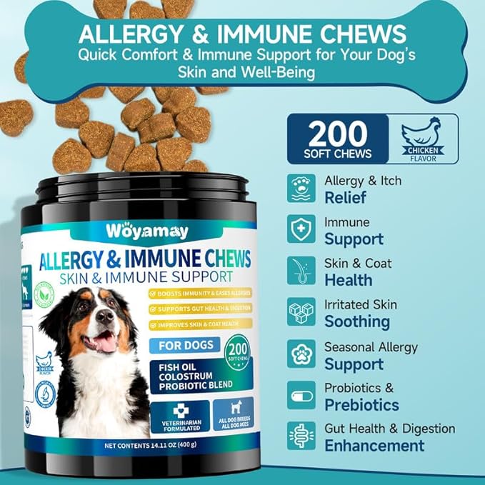 Dog Allergy Chews for Dog Itching Skin Relief, 200 Dog Allergy Relief Treats with Probiotics for Dogs, Immune Support & Skin Relief for Seasonal Allergies, Gut & Digestive Health, Chicken Flavor