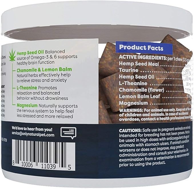 Only Natural Pet - Natural Hemp Soft Chew Bites for Dog Stress & Anxiety Relief - L-Theanine, Chamomile & Lemon Balm - Calming Chews for Dogs - 60 Count