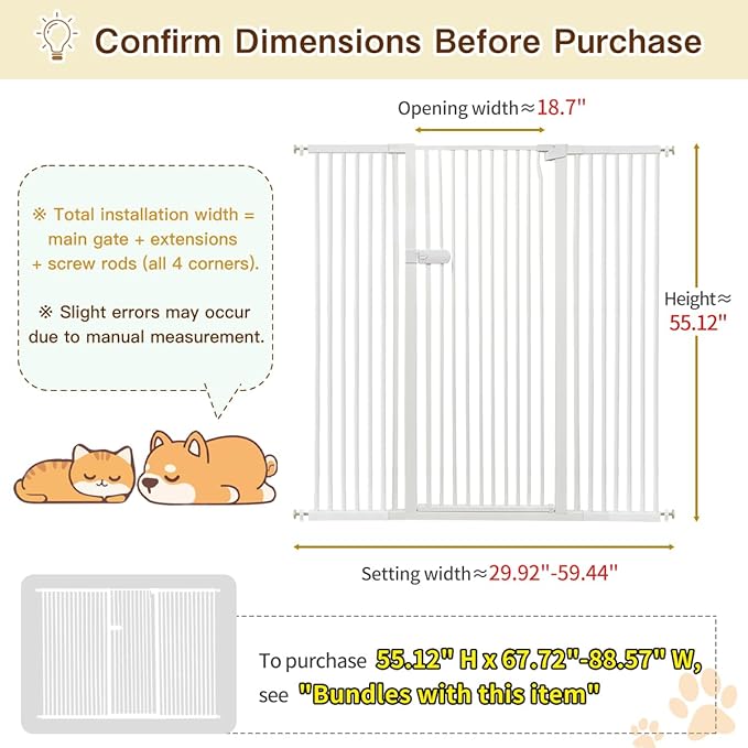 Lumizone Extra Tall Cat Gate 55.12" High Pressure Mounted Extra Wide 2025 New (17 Sizes) 1.37" Gap No Drilling Auto-Close One-Handed Operation Tall Pet Gate for Dogs(White, 55.12" H x 29.92"-59.44" W)