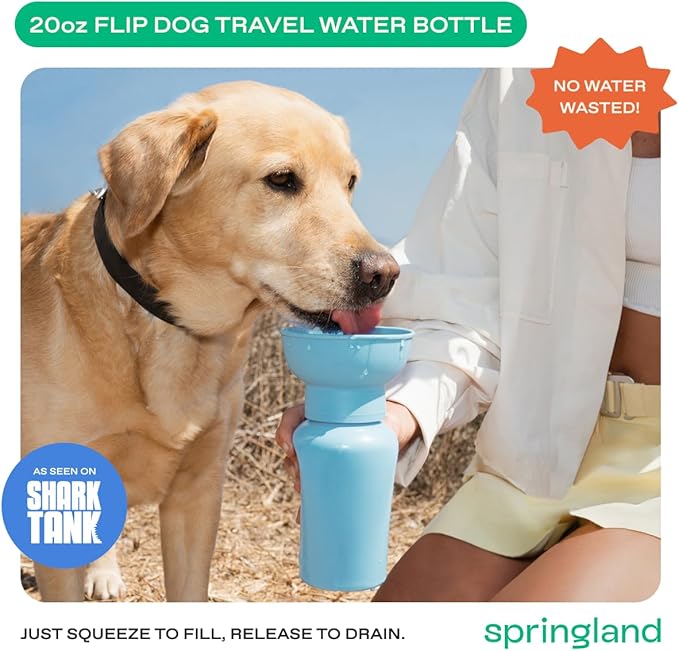 Springer Flip Dog Water Bottle | Portable Drinking Feeder with Foldable Food-Grade Silicone Bowl | One-Hand Squeeze & Leak-Proof | BPA-Free 20oz | Walking, Hiking & Camping | Puppy Essentials