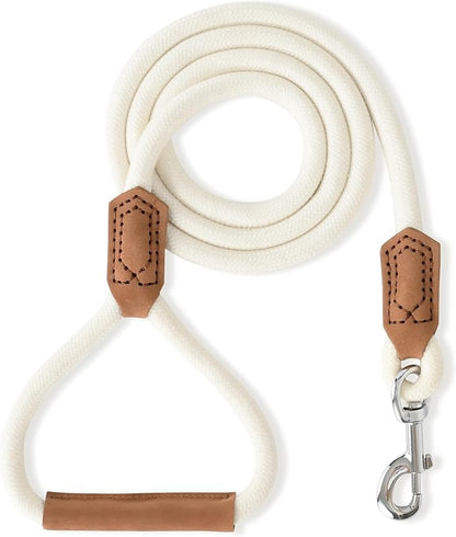 Mile High Life Leather Dog Leash, Heavy Duty Strong Genuine Leather Handle Rope Leash Soft and Comfortable for Small Medium Large Dogs (Cream White, 60 Inch)
