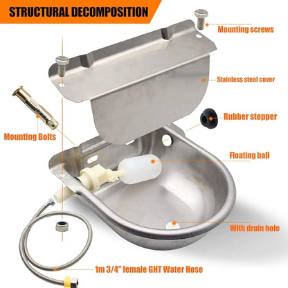 Automatic Animal Drinking Water Bowl with Float Valve,304 Stainless Steel Livestock Dispenser Waterer with Drainage Hole,Includes Water Bowl,3/4''Water Hose,2 Float Valves and Mounting Bolts