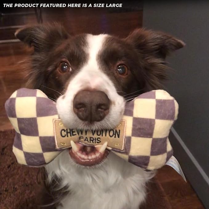 Haute Diggity Dog Chewy Vuiton Bone Plush Squeaky Dog Toy, Soft Durable Designer-Inspired Stuffed Puppy Chew Toys for Small & Medium Dogs, Machine-Washable (Tan Checker) Large