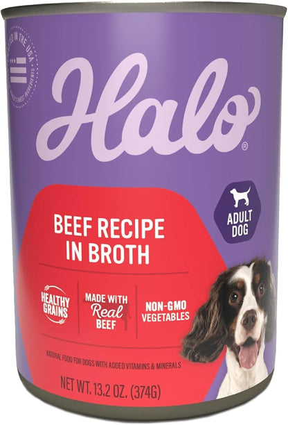 Halo Wet Dog Food Whole Beef Stew Recipe, Healthy Grains Real Meat Canned Dog Food, Meal or Topper, 13.2 Oz Can (Pack of 6)