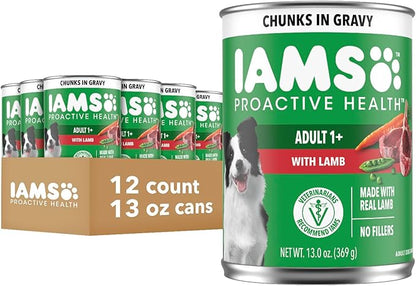 IAMS Proactive Health Wet Dog Food Adult, Canned Dog Food, Lamb Chunks in Gravy, 13 oz. Cans, Pack of 12