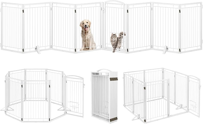 Metal Freestanding Dog Gate with Cat Door for Indoor/Outdoor,160" Extra Wide Foldable Pet Gate,32" Tall Foldable Indoor Dog Fence for Large Openings Stairs,Deck,Yard,Doorways(8 Panels,White)
