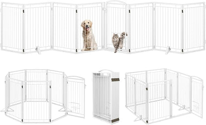 Metal Freestanding Dog Gate with Cat Door for Indoor/Outdoor,160" Extra Wide Foldable Pet Gate,32" Tall Foldable Indoor Dog Fence for Large Openings Stairs,Deck,Yard,Doorways(8 Panels,White)