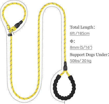 TagME 6ft Slip Dog Lead, No Pull Reflective Training Leash with Padded Handle, Professional Rope P-Leash for Small Medium Large Dogs, Heavy Duty Correction Lead for Walking & Training (Yellow)