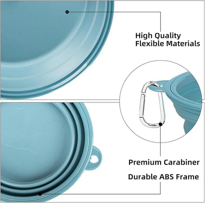 Kytely Collapsible Dog Bowls 2 Pack - 1500ml Portable Pet Food & Water Bowl for Travel, Hiking, Walking - Foldable Feeding Dish with Carabiner Clip for Dogs & Cats - X-Large (Blue & Grey)