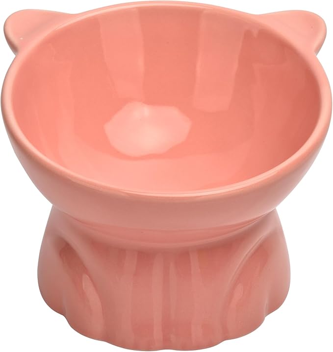 Elevated Cat Food Bowl,9 Oz Ceramic Raised and Tilted Water Bowl,Anti Vomiting and Protect Pets Spines Dishes for Fat Faced Cat, Indoor Cats,Kitten,Small Dog (Pink)