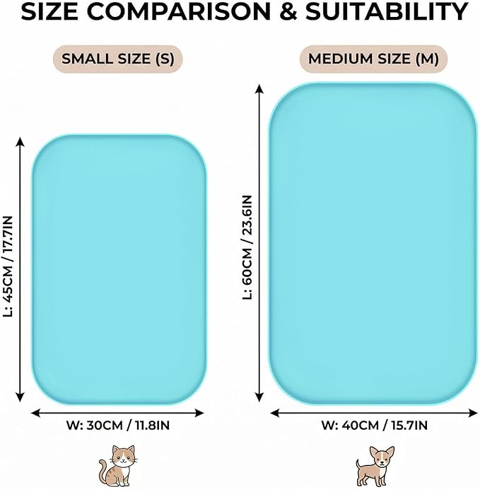 BLESWIN Non-Slip Silicone Dog Food Mat for Food and Water, 18" x 12" Raised Edge Pet Feeding Mat - Waterproof Dog Bowl Mat Easy Clean for Floor Protector,Blue