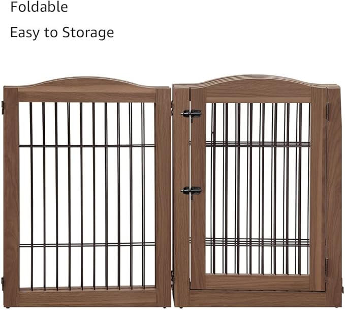 unipaws Pet Playpen with Wood and Wire, 6 Panels Extra Wide Freestanding Walk Through Dog Gate with 4 Support Feet, Foldable Stairs Barrier Pet Exercise Pen for Dogs Cats