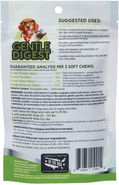 Ark Naturals Gentle Digest Soft Chews, Vet Recommended Dog and Cat Prebiotics and Probiotics, Digestive and Immune System Support, 2 Pack