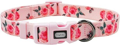 Dog Collar and Leash Set, Cute Rose Pattern, Polyester Material, 5ft Leash, for Large Dogs.(Large,Pink Rose)