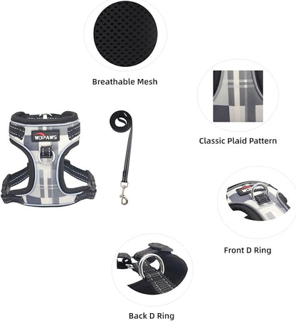 No Pull Dog Harness and Leash Set-Reflective Plaid Design, Adjustable & Comfortable with Front D Ring for Small Medium Dogs (S, Black Plaid)