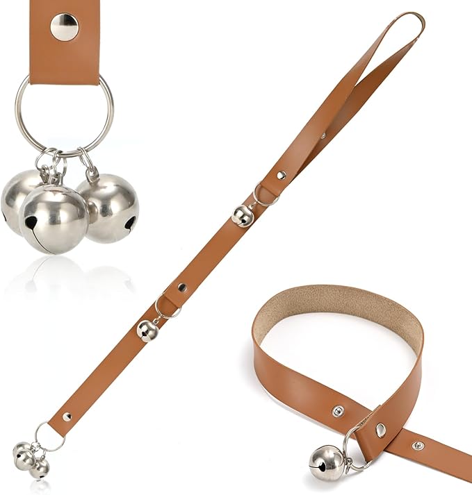 Luckyiren Brown Leather Hanging Door Bells for Dogs to Ring to Go Potty Training Doorbells Tools to Go Outside Dog Accessories Upgraded Puppy Essentials for Home (Silver Jingle Bells)