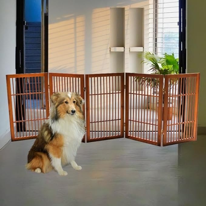Urnporium Pet Dog Gate Freestanding, Strong Durable Folding Wooden Fence, Portable Acacia Hardwood Safety Barrier for Indoor & Outdoor Use (Brown Pet Gate, 5 Panel 30" Tall)