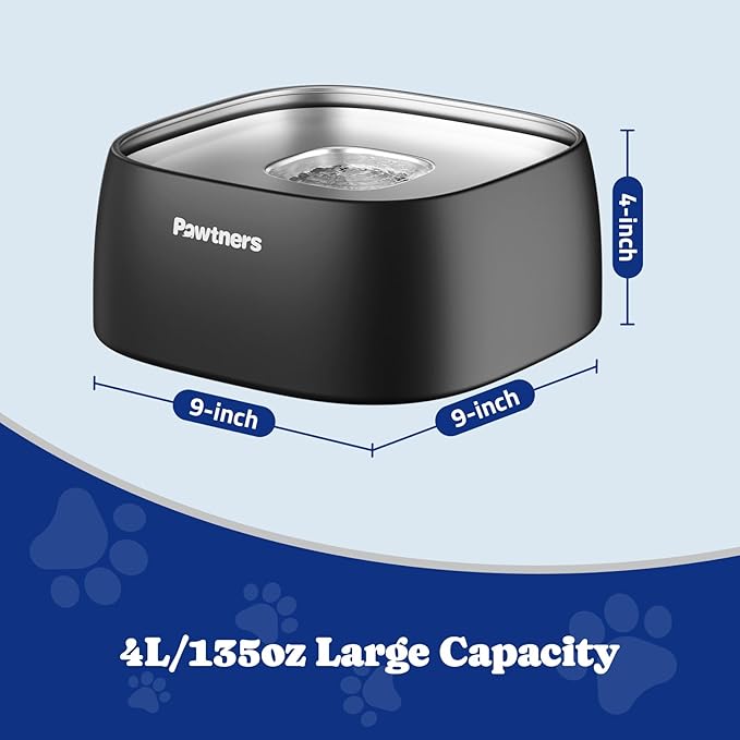 Upgrade No Spill Water Bowl for Dogs, 135oz/4L All Stainless Steel Dog Water Bowl with Non-Slip Base, Spill Proof for Medium Large Messy Drinkers, Anti Splash, Slow Drinking, Slobber Stopper, Black