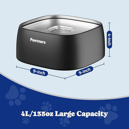 Upgrade No Spill Water Bowl for Dogs, 135oz/4L All Stainless Steel Dog Water Bowl with Non-Slip Base, Spill Proof for Medium Large Messy Drinkers, Anti Splash, Slow Drinking, Slobber Stopper, Black