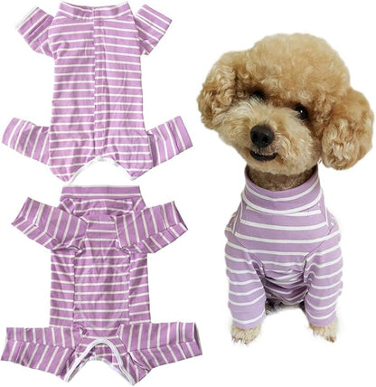 Dog’s Recovery Suit Post Surgery Shirt for Puppy, Full Coverage Dog's Bodysuit Wound Protective Surgical Clothes for Small and Medium Pets (Purple White Stripe-m)
