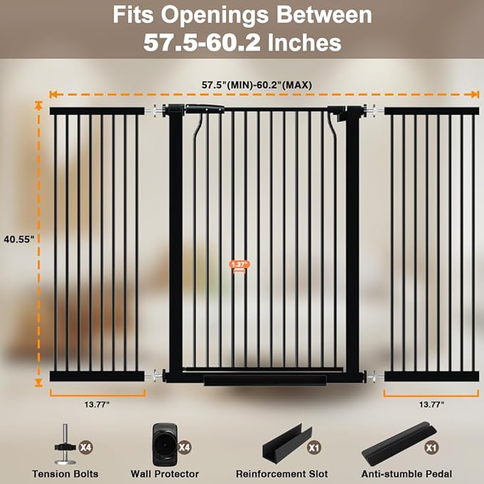40.55" Extra Tall Dog Gate for Doorways Stairs, 57.5-60.2 in Extra Wide Baby Gate Walk Thru, Pressure Mounted Tall Pet Gates No Drill, Large Doggie Gates with Door, Auto Close Indoor, Black