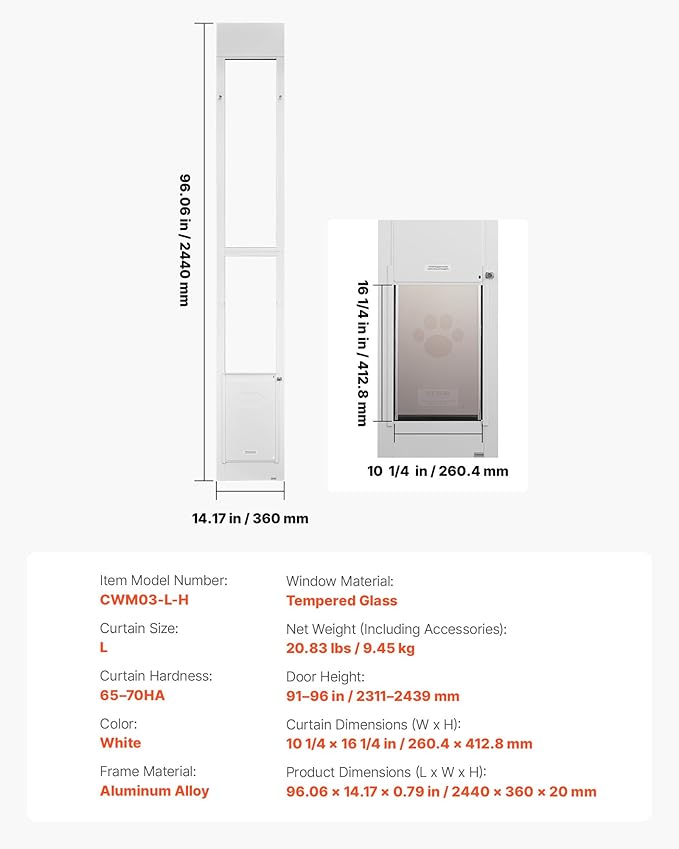 VEVOR Dog Door for Sliding Glass Door, 91 to 96 in Adjustable Height, Aluminum Alloy Frame with Metal Rotating Hinges, Lock Design, 10 1/4 x 16 1/4 in Flap, Sliding Glass Pet Door for Renters