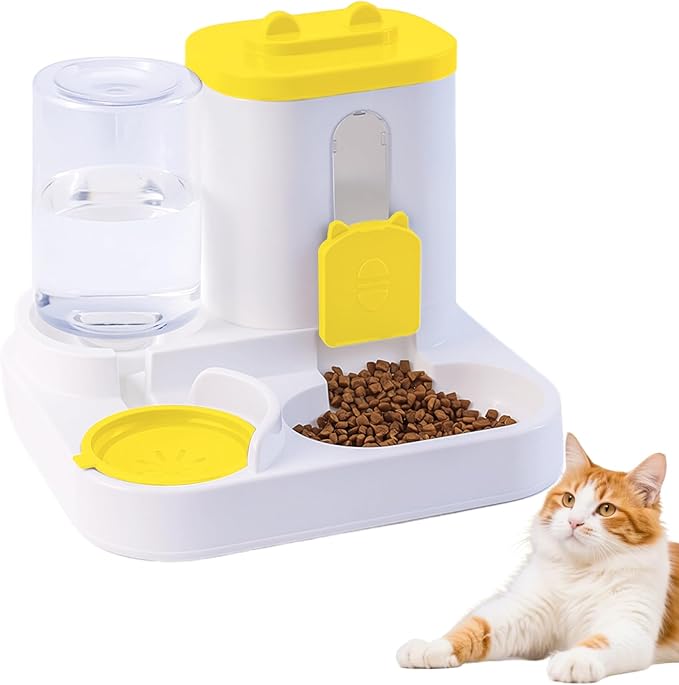 Gravity Cat Feeder and Water Dispenser, 2 in 1 Automatic Cat Feeder, 2 Pack Large Capacity Self Feeding for Small Medium Dog Puppy Kitten （Yellow）
