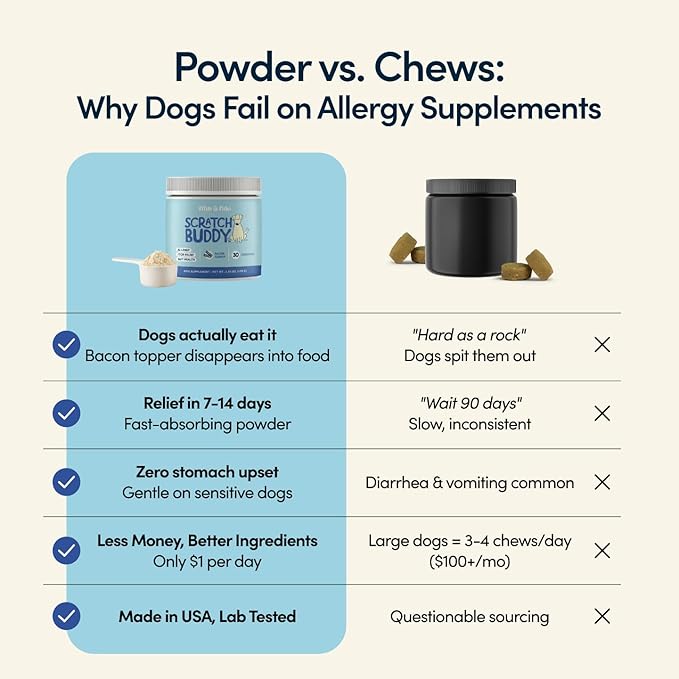 Scratch Buddy Dog Allergy Relief Powder with Colostrum, Spirulina & Turkey Tail Mushroom - Natural Itch Relief for Dogs - Anti Itch Supplement for Seasonal Allergies, Skin Health & Paw Licking - Bacon