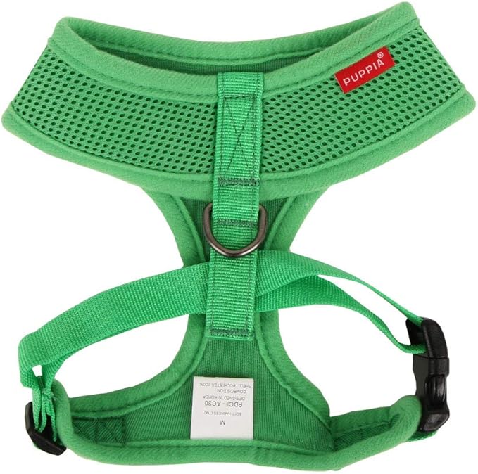 Puppia Soft Dog Harness No Choke Over-The-Head Triple Layered Breathable Mesh Adjustable Chest Belt and Quick-Release Buckle, Green, Large