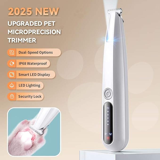 2026 New Pet Precision Trimmer, Dog Paw Trimmer with LED Light, Low Noise, IP68 Waterproof, Dual-Speed Motor, Suit for Trimming Paw, Ear, Face, Butt, Eyebrows, USB Rechageble