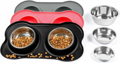 Conlun Dog Bowls with Silicone Feeding Mat, No Spill Food Water Dish Set, Dishwasher Safe, 2 Stainless Steel Puppy Bowls, Suitable for Tiny Dogs Kittens Cats Rabbits Pets under 8lbs, Extra Small,Black