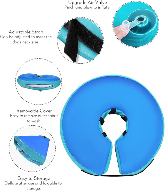 MIDOG Soft Inflatable Dog Cone,Donut E-Collar Alternative for After Surgery, Prevents Licking, Allowing Normal Eating & Vision,Comfortable Recovery Collar for Small Medium Large Dogs&Cats,GreenBlue-M+