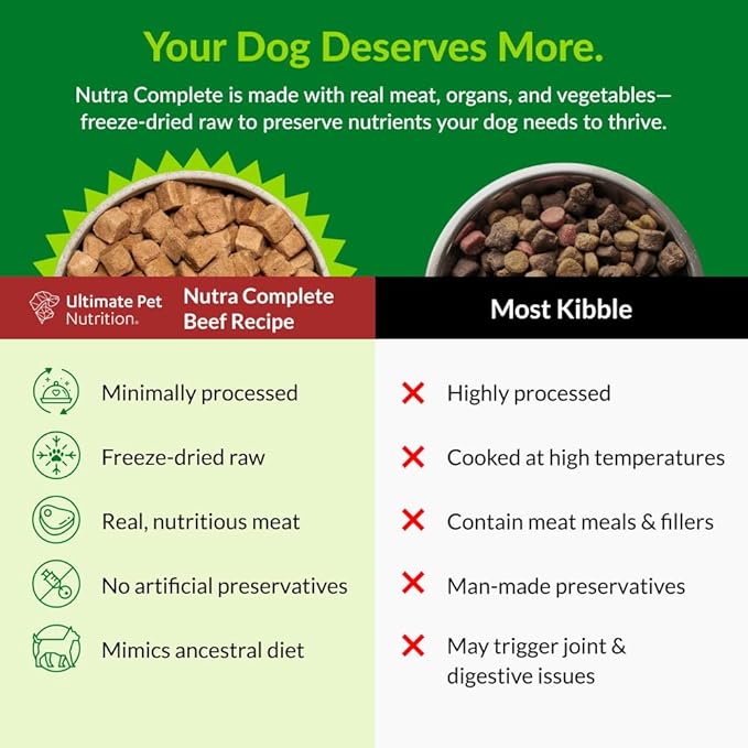 ULTIMATE PET NUTRITION Nutra Complete, 100% Freeze Dried Veterinarian Formulated Raw Dog Food with Antioxidants Prebiotics and Amino Acids, (1 Pound (Pack of 4), Beef)