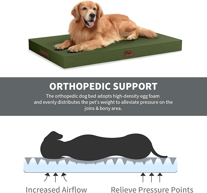 Outdoor Large Washable Dog Bed, Orthopedic Egg Crate Foam Dog Crate Mat for Large Dogs with Removable Oxford Cooling Cover, Amy Green