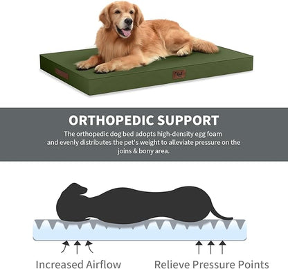 Outdoor Large Washable Dog Bed, Orthopedic Egg Crate Foam Dog Crate Mat for Large Dogs with Removable Oxford Cooling Cover, Amy Green