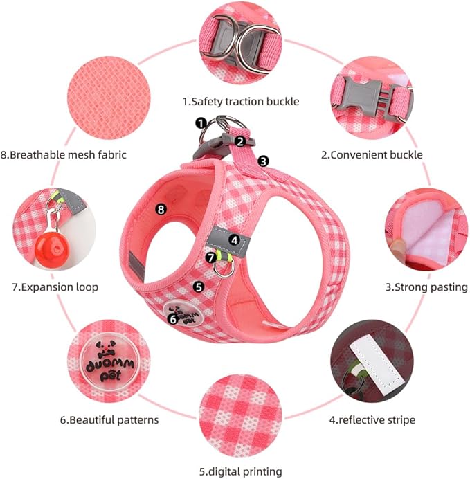 Small Dog Harness and Leash Set, Step in No Pull Adjustable Reflective Pet Harness, Soft Mesh Plaid Vest Harnesses for Small Dogs & Cats Easy Walk Outdoor Hiking Running, Watermelon XS