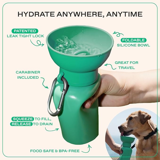 Springer Flip Dog Water Bottle | Portable Drinking Feeder with Foldable Food-Grade Silicone Bowl | One-Hand Squeeze & Leak-Proof | BPA-Free 20oz | Walking, Hiking & Camping | Puppy Essentials