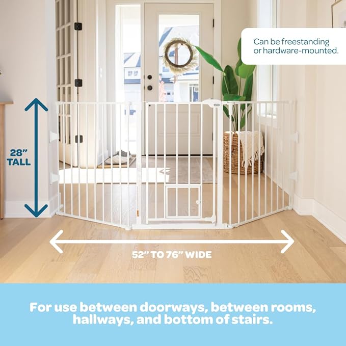 Carlson 52"-76" Flexi Configurable Dog Gate for Wide Openings, Extra Wide Metal Pet Gate with Small Pet Door, White
