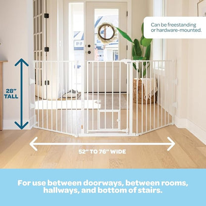 Carlson 52"-76" Flexi Configurable Dog Gate for Wide Openings, Extra Wide Metal Pet Gate with Small Pet Door, White