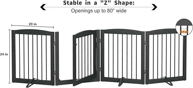 PUPETPO Freestanding Dog Gate with Door, Pet Gate for Stairs, 80 inch Wide Pet Barrier Indoor, Dog Fences Indoor, Support Feet Included, 4 Panels, 24" Tall, Grey