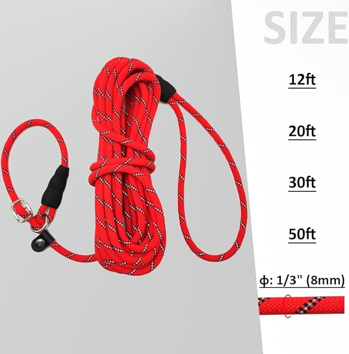 Reflective Long Slip Lead Dog Leash Anti-Choking 12 FT/20 FT/30 FT/50 FT Rope Training Leash for Medium Dogs Small Puppy Pets (12ft, red)