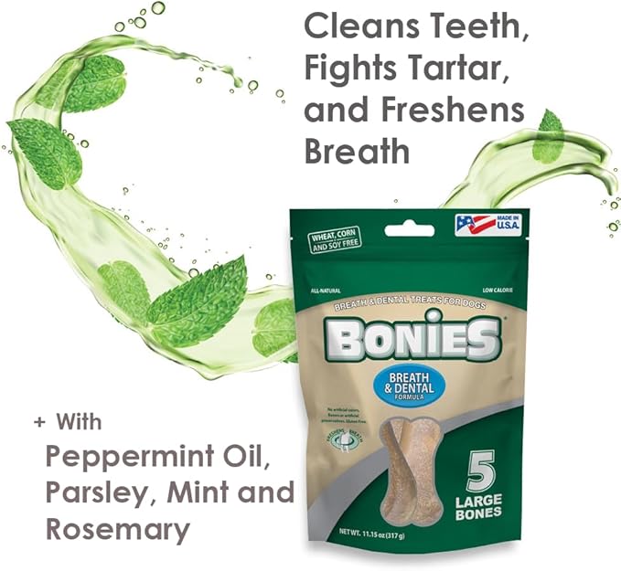 Bonies Natural Breath and Dental Formula Large-Sized Single Bone - All-Natural Ingredients, Fresh Breath, Cleans Teeth, Low Calories, Chicken Flavor, [Large Dogs], 5 Bones