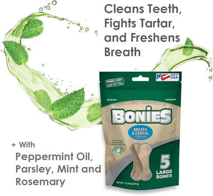 Bonies Natural Breath and Dental Formula Large-Sized Single Bone - All-Natural Ingredients, Fresh Breath, Cleans Teeth, Low Calories, Chicken Flavor, [Large Dogs], 5 Bones