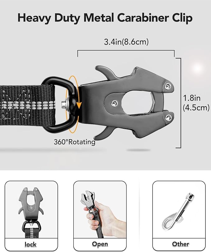 Joytale Tactical Dog Leash Heavy Duty, 4-6FT Shock Absorbing Bungee Lead with 2 Padded Handle, Metal Carabiner Clip, Car Seatbelt, Strong No Pull Leash for Medium Large X-Large Dogs, Black