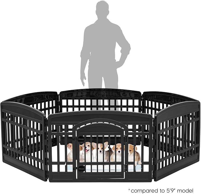 IRIS USA Dog Playpen with Door, 24” 6 Panel Pet Exercise Pen – Indoor Outdoor Puppy Play Pen, Portable Plastic Pet Fence for Small Medium Dogs, Foldable 61” x 61” x 24”, Black