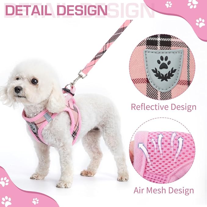 KOOLTAIL Dog Harness for Small Medium Dogs ,Dog Harness and Leash Set, Step in No Pull Soft Mesh Padded Adjustable and Reflective Pet Vest Harness Puppy, Plaid Extra Harness for XS S Dogs, Pink M