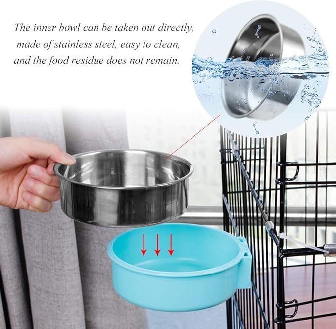 Andiker Pet Bowl 2-in-1 Removable Stainless Steel Food Bowl for Puppy/Cat, Hanging Cage Large Water Food Feeder for Dogs Cats (Small, Pink)