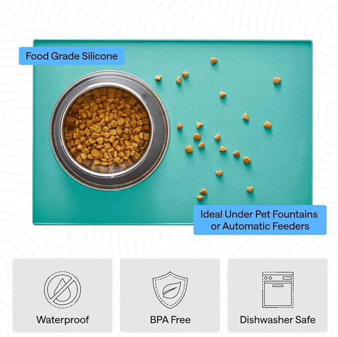 GORILLA GRIP 100% Waterproof Raised Edge BPA Free Silicone Pet Feeding Mat, Dog Cat Food Mats Contain Spills Protects Floors Placemats for Cats and Dogs Water Bowl Pets Accessories 18.5x11.5 Turquoise