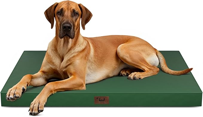 Outdoor Extra Large Dog Bed, Jumbo Waterproof Dog Bed for Large Dogs, Orthopedic Egg Crate Foam Pet Mat with Removable Oxford Cooling Cover, Dark Green