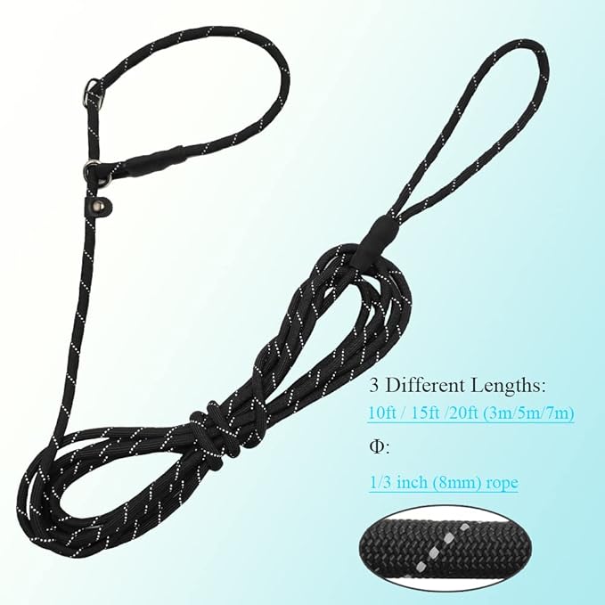 BTINESFUL 10FT / 15FT / 20FT Slip Lead Dog Leash, Reflective 1/3” Rope Leash Long Training Lead for Small Medium Dogs